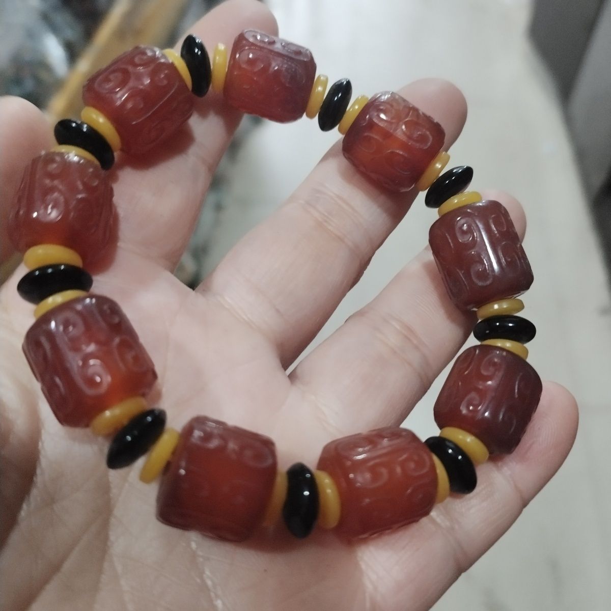 红玛瑙仿古时来运转饰品手串玉髓手链珠宝饰品黑黄珠子隔珠手链