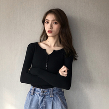 百搭长袖 复古修身 T恤女装 显瘦打底衫 春秋新款 针织衫 上衣chic韩版