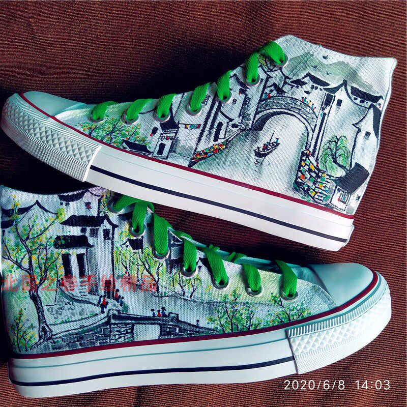 回力帆布鞋男女高帮涂鸦定制中国风江南水墨画山水画情侣款手绘鞋