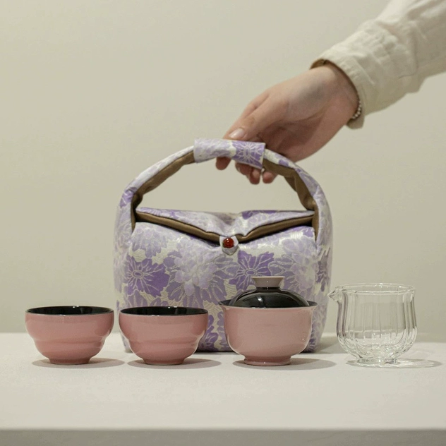 桃粉旅行茶具高颜值盖碗茶杯收纳