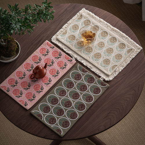 手作刺子绣茶席创意玫瑰干泡垫复