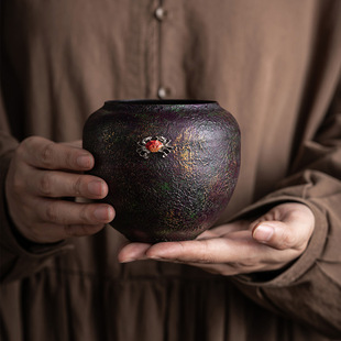 铁艺大漆福满建水茶室桌面茶渣缸茶桌废水缸轻奢茶盂废水缸茶洗配