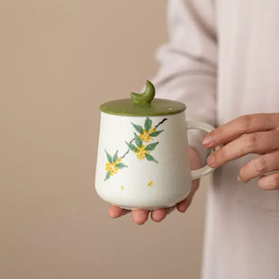 釉下手绘桂花个人杯陶瓷功夫茶具办公室带盖水杯专用高颜值马克杯