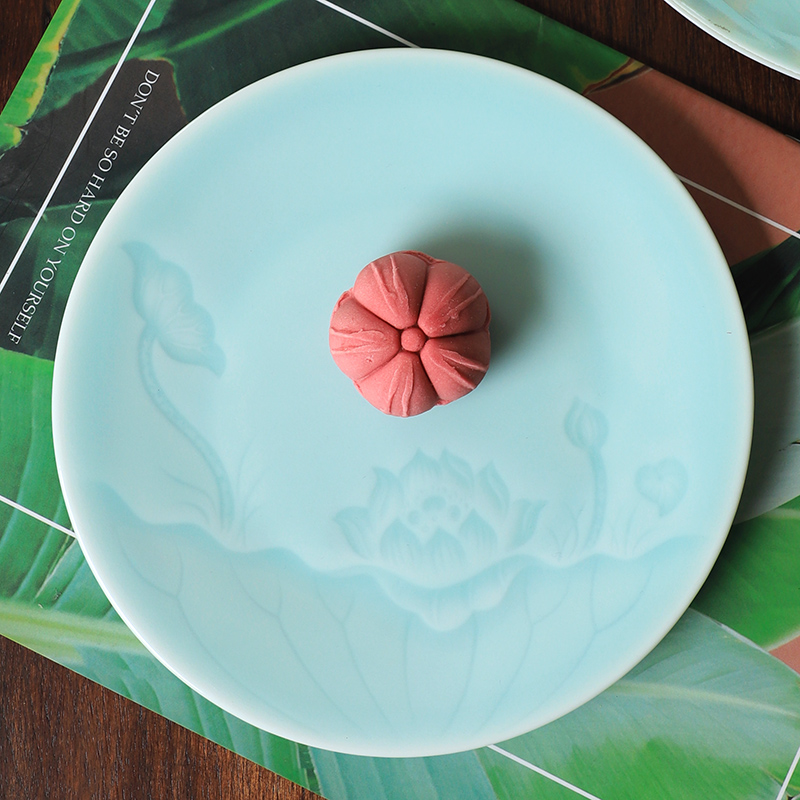 龙泉青瓷家用深盘中式荷韵盘子