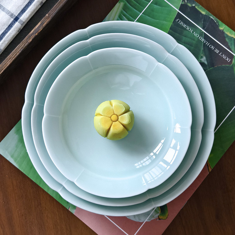 泥迹青瓷家用菜盘宋式餐具葵口盘
