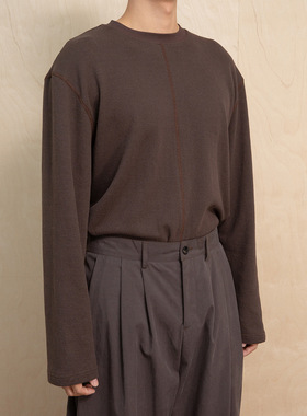 大泉哥东大门圆领长袖T恤纯色简约阔版坎车拼接简约打底衫男68028