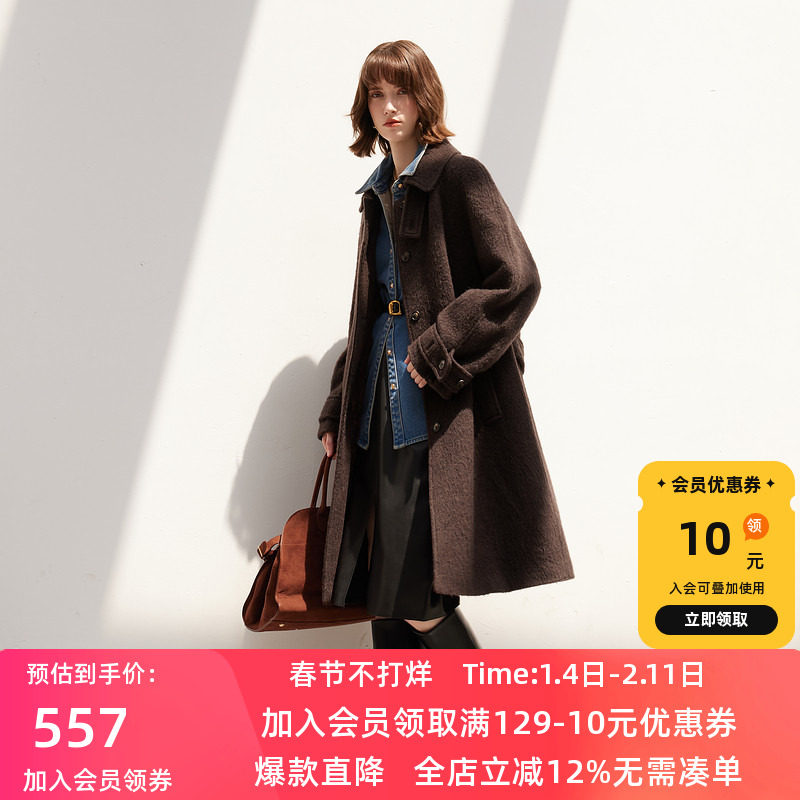 三彩2024冬新款绵羊毛加棉呢大衣宽松长款毛呢外套复古英伦风女S