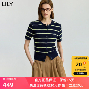 【商场同款】LILY2025秋新款女装纯棉撞色条纹通勤短袖针织开衫