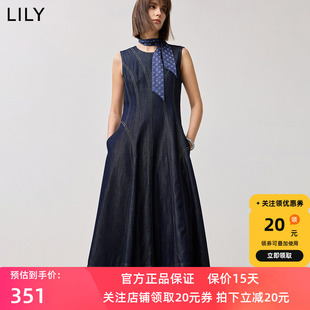 【商场同款】LILY2025春新款设计感复古收腰无袖圆领牛仔连衣裙女