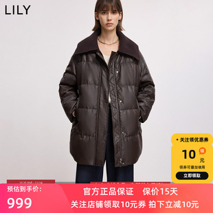 LILY2025冬新款女装复古针织翻领PU皮90鸭绒通勤羽绒服外套中长款
