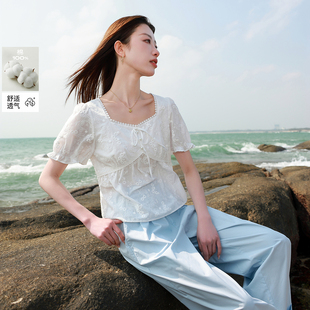 女装 法式 若潮大码 2025夏新款 全棉刺绣甜美胖MM 蕾丝方领小衫 娃娃衫