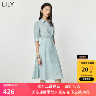LILY2026夏新款简约竖条纹翻领中袖收腰休闲气质通勤浅色连衣裙女