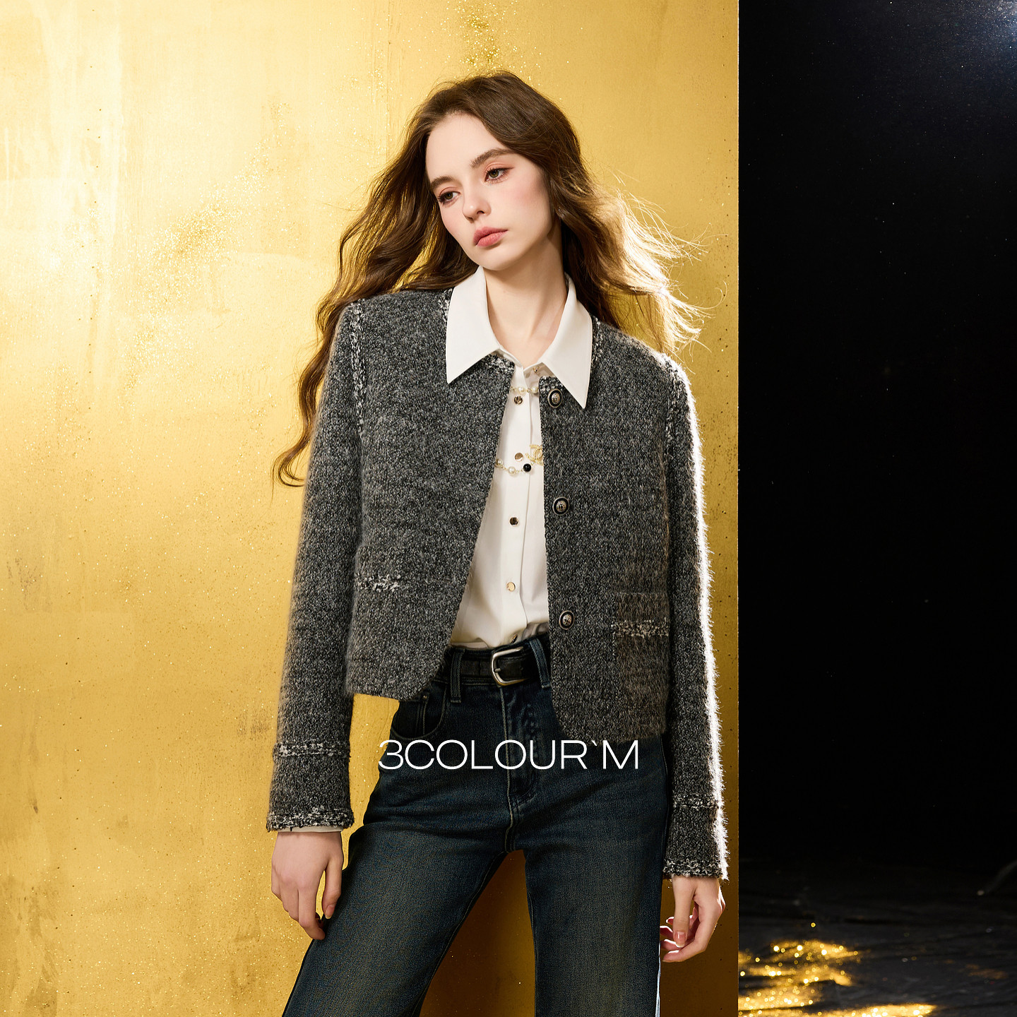 三彩2025冬季新款香风呢大衣短款绗棉毛呢外套保暖宽松优雅M