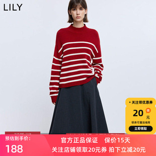 LILY2025冬新款羊毛混纺撞色条纹半高领套头通勤红色针织衫毛衣女