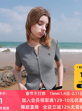 ibudu2025夏季新款坑条针织衫圆领拉链开衫短袖修身短款女