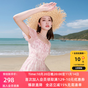 新款 2025夏季 方领连衣裙烫金印花浪漫长裙胖MM 女装 若潮大码