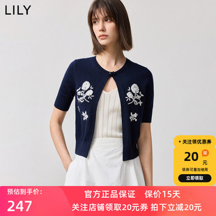 【商场同款】LILY2025春新款重工立体绣花休闲披肩短袖针织开衫女