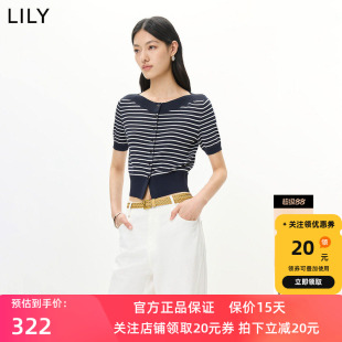 LILY2026夏新款女装复古撞色一字领横条纹藏青色短袖针织开衫短款