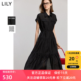 小黑裙LILY2025夏新款莫代尔醋酸混纺工装衬衫领连袖收腰连衣裙女