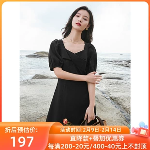 方领小黑裙连衣裙中长裙泡泡袖 新款 优雅气质女 三彩2022春季 法式