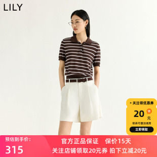 LILY2026夏新款醋酸混纺复古条纹POLO领休闲通勤短袖针织衫女短款