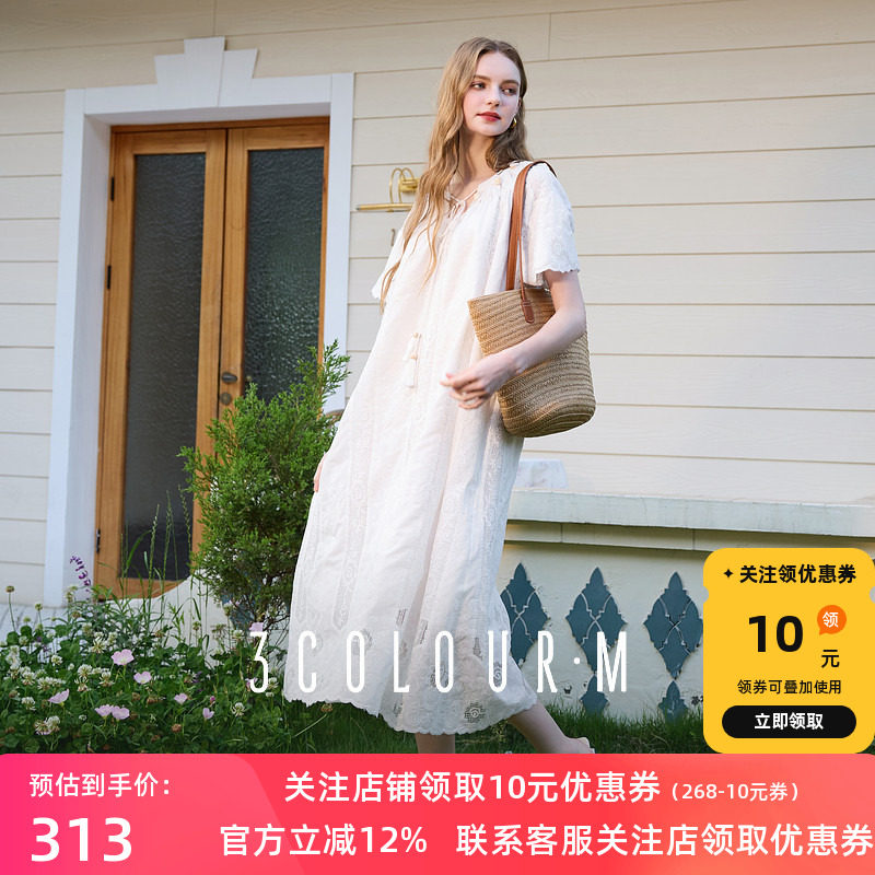 三彩2025夏季新款度假蕾丝连衣裙流苏系带A字裙宽松插肩袖长裙M