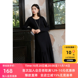 新款 2024冬季 U领针织连衣裙收腰拼接裙摆显瘦胖MM 女装 若潮大码