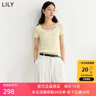 LILY2026夏新款莱赛尔亚麻混纺含醋酸假两件修身短袖针织衫女短款