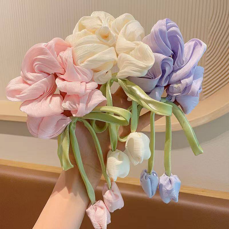 儿童郁金香花朵发圈发圈小女孩大肠马尾发饰女童后脑勺丸子头头饰