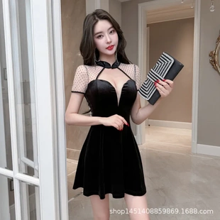 2024新款夜总店性感连衣裙金丝绒遮肚子显瘦a字裙夜场柔式工作服