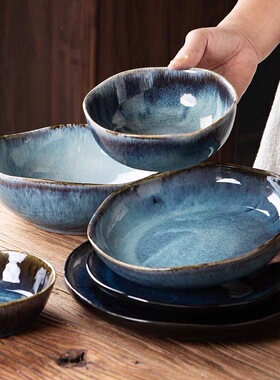 蓝色窑变釉餐具不规则口边餐厅家用10寸西餐盘沙拉碗甜品盘-微瑕
