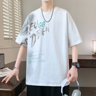 青少年夏季短袖t恤男宽松透气初高中学生潮流夏季圆领纯棉上衣服