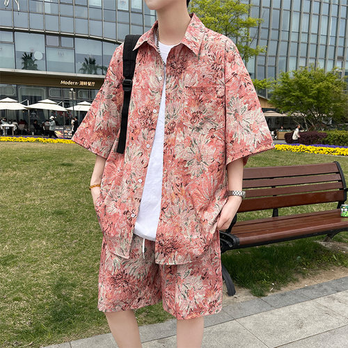 夏季旅游穿搭沙滩套装男冰丝速干三亚海边度假男装夏威夷衬衫短裤