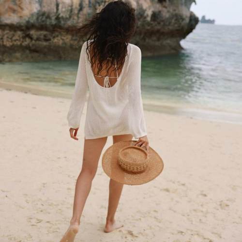 镂空针织比基尼罩衫长袖沙滩裙