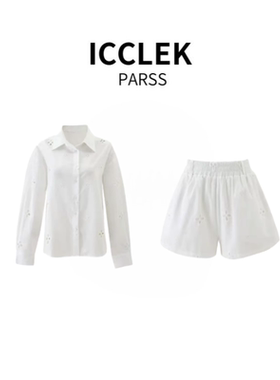 ICCLEK PARSS 2025新款早秋轻奢简约镂空钩花衬衫+短裙套装-5858