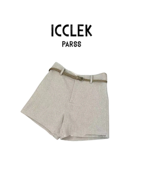 老钱风针织短裤女高腰配腰带显瘦百搭气质亚麻风-9531