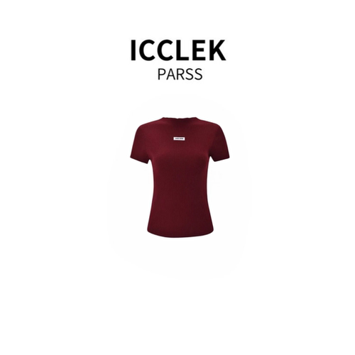 ICCLEK PARSS 极简圆领短袖针织衫女酒红色修身百搭显瘦上衣-9498