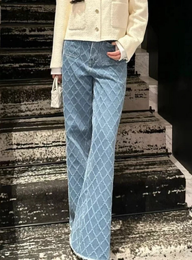 时尚百搭菱格纹蓝色纽扣直筒长裤女-1765