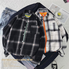 港風格子長袖休閒襯衫潮流學生寬鬆襯衣男