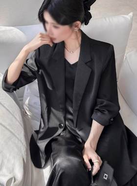 大码女装黑色缎面西装外套套装