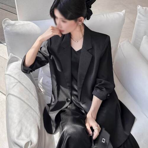 大码女装黑色缎面西装外套套装