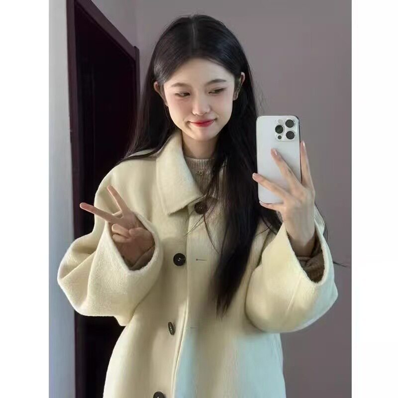 黄色娃娃领毛呢大衣女2026春秋季新款韩版加厚中长款风衣毛呢外套