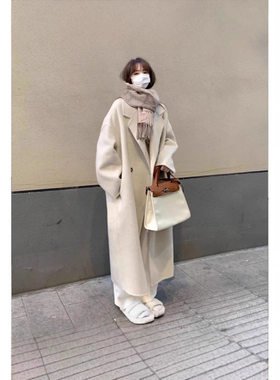杏色双面毛呢大衣女秋冬高档新款韩系中长款宽松加厚呢子外套风衣