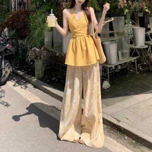 韩系新款纯欲风挂脖V领无袖背心吊带女夏季小众印花休闲裤两件套