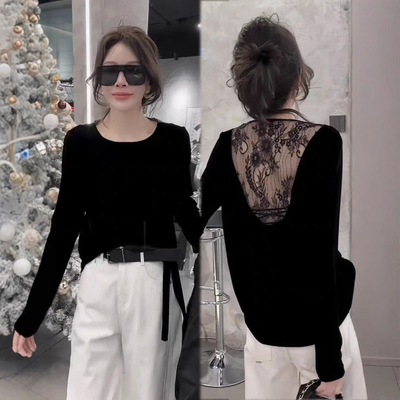 时尚镂空法式蕾丝拼接小衫女秋季新款时尚百搭宽松长袖打底上衣