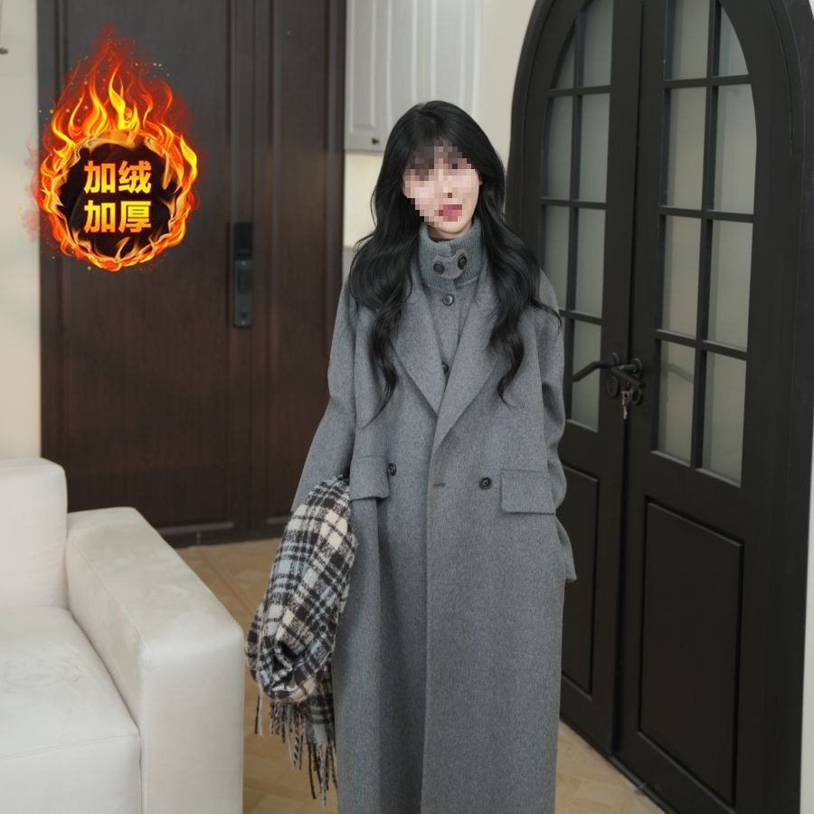 秋冬季新款针织立领毛呢外套马甲套装女宽松韩版中长款加绒两件套