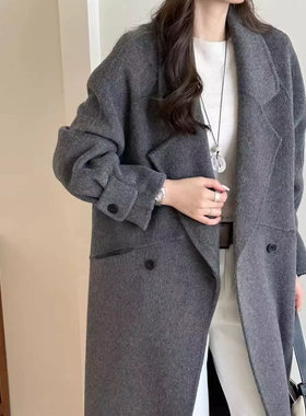 2026年秋冬季新款灰色双面手工大衣女韩版宽松长款时尚羊毛呢外套