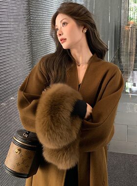 2026秋冬新款V领双面羊绒大衣女中长款狐狸毛袖口美拉德毛呢外套