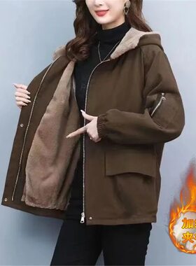 加绒加厚派克服棉服女士秋冬中长款连帽派克棉衣宽松休闲韩版爆款