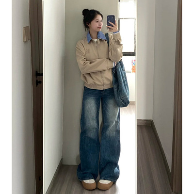 辣妹阔腿微喇牛仔裤女春季新款高个子加长版设计感低腰宽松拖地裤